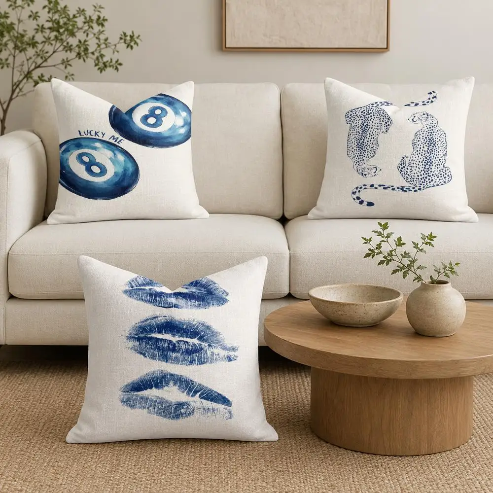 Blue Spotted Kiss Lucky 8Ball Cushion Cover Natural Linen Organic Fabric Double-Sided Printing Sofa Home Decor Gift Pillow Cover