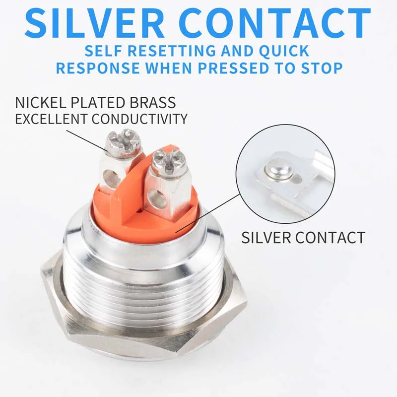 1NC 16/19/22mm self rest Waterproof Metal Push Button Switch LED Light Momentary  Power Switch 3/6/12/24/220V silve