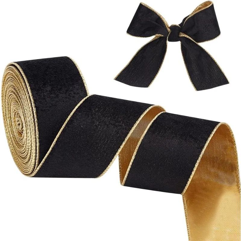 10 Yards Velvet Wired Ribbon 2.5 Inch Black Gold Soft Velvet Ribbon Wired for Gift Wrapping DIY Crafts Bouquet Decorations