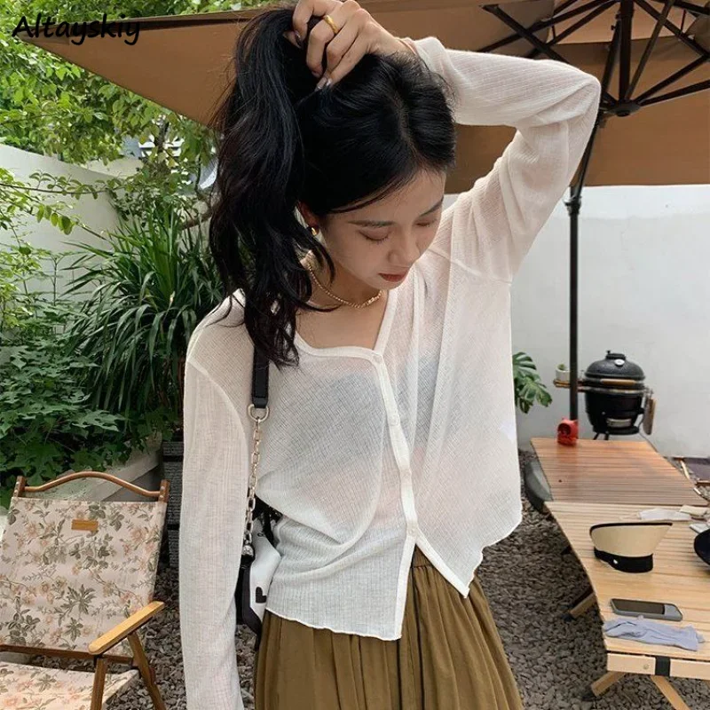 

Knitted Sun-proof Jackets Women 5-colors All-match Summer Thin Breathable V-neck Fashion Streetwear Casual Elegant Ulzzang Chic