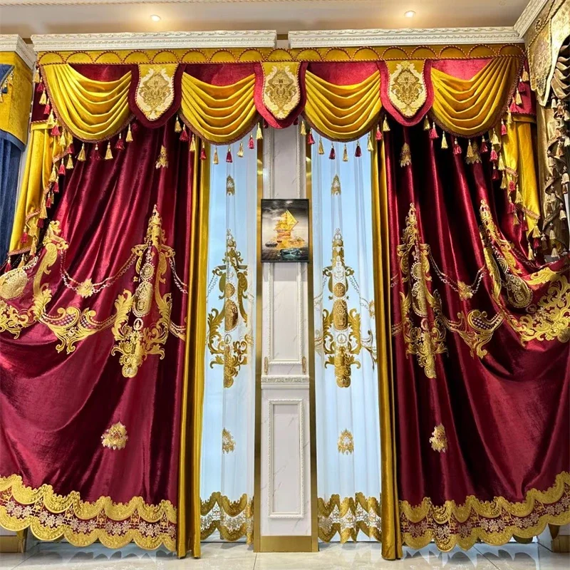 European Luxury Burgundy Gold Embroidery Villa High Quality Velvet Window Curtains for Living Dining Room Bedroom Hotel Home