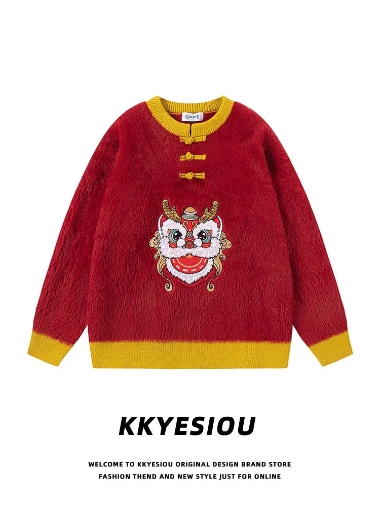

KKyesiou Snake Year Limited Edition Knitted Sweater Embroidered Contrast Color Red Chinese Sle Youth Casual Long Sve rou...