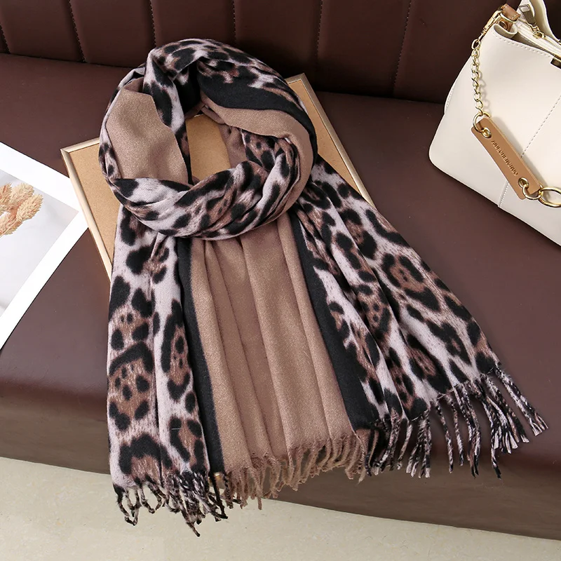 

Leopard Print Pashmina Shawl Tassels Scarf For Woman Winter Warmer Wraps Soft Long Stoles Foulard Cashmere Scarves