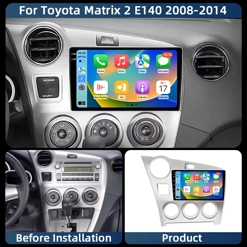 Car Radio Android 16 Carplay Auto For Toyota Matrix 2 E140 2008 2009 2010 2011 2012 2013 2014 Multimedia Player Navigation GPS