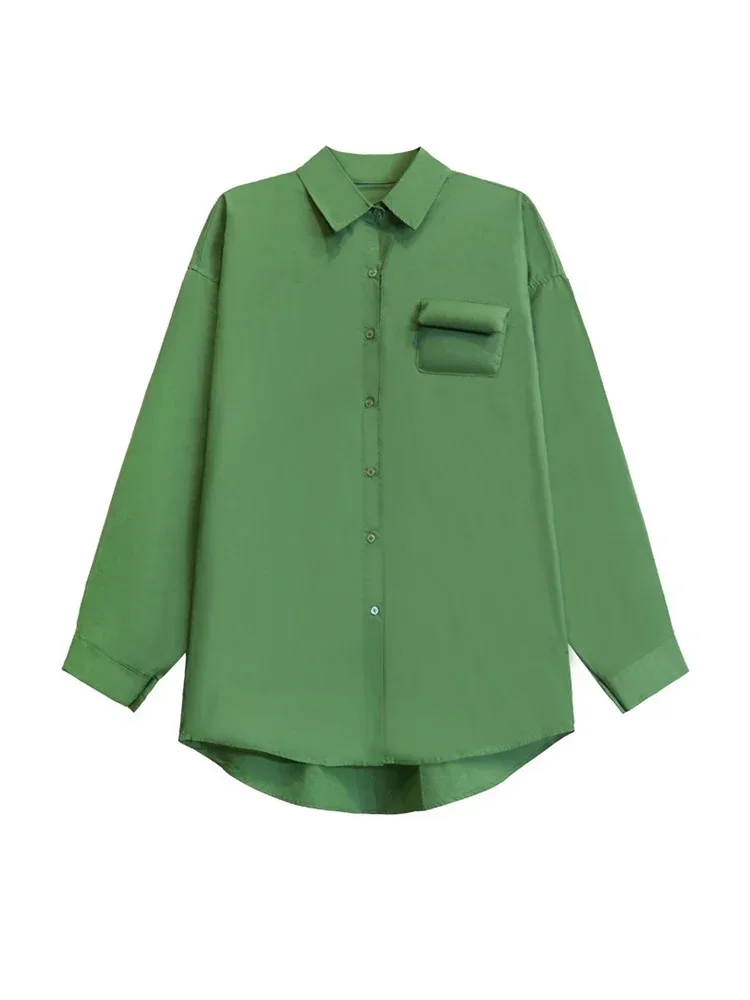 XITAO Einreiher Drehen-unten Kragen Tasche Frauen Hemd Einfarbig Lose Mode Abnehmen Alle Spiel Casual 2025, Herbst LJ1027
