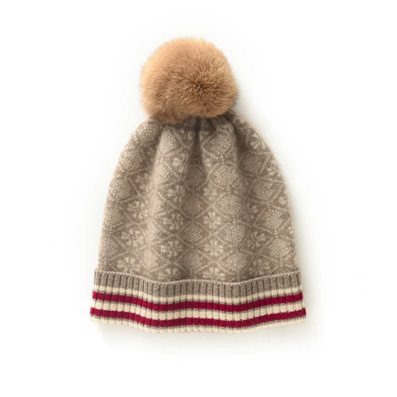 女性用の厚手のジャカードニットハットウールのボールハット2層のストライプの耳の保護暖かくてファッショナブル100-カシミア冬のノベルティ