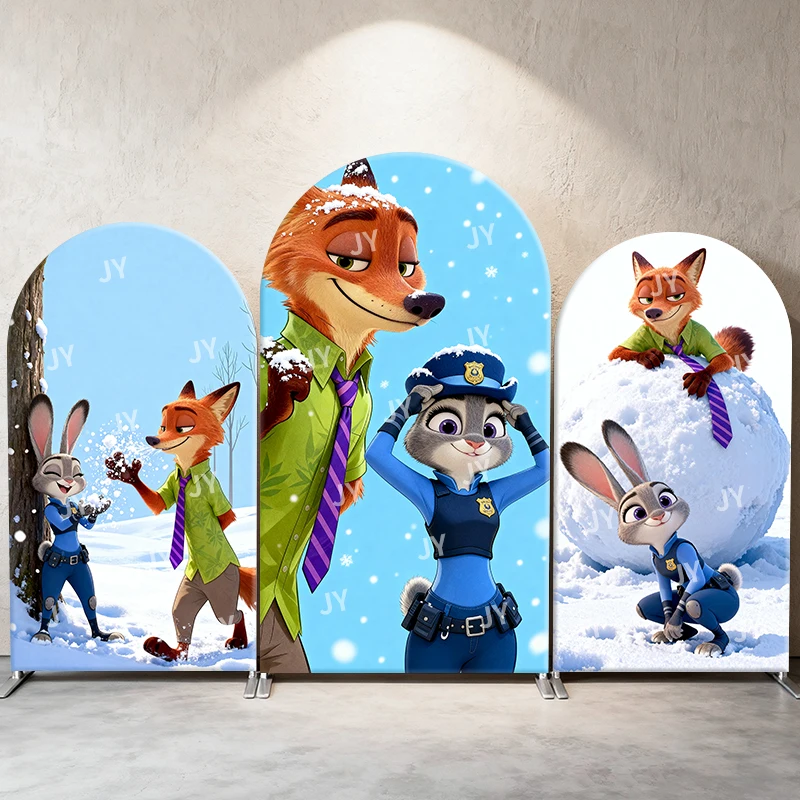 

Zootopia Nick & Judy Arch Backdrop Cover Snowball Winter Scene for Kids Birthday and Baby Shower Party Photo Booth Decor Prop