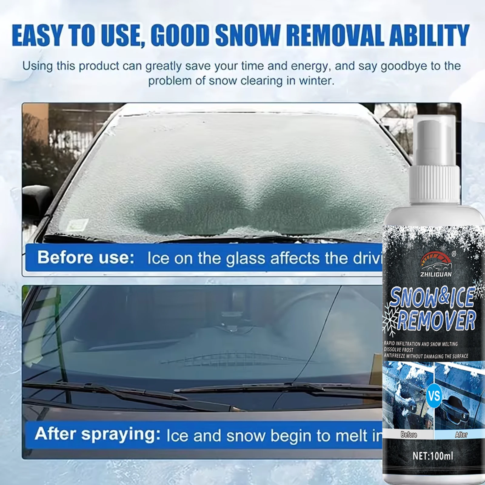 3.38oz Snow Remover Defrosting Cleaner Anti Icing And Melting Snow Defrosting Household Refrigerator Car Window Defrosting Car