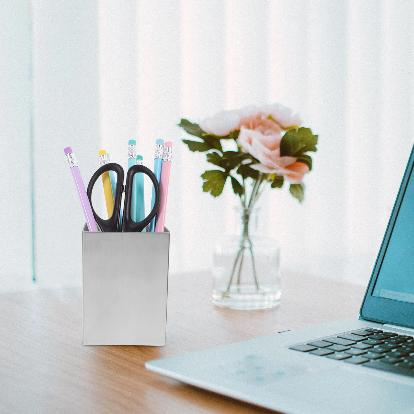 

Stainless Steel Pen Holder Square Desktop Organizer for Office Stationery Brush Storage Cup Silver Color