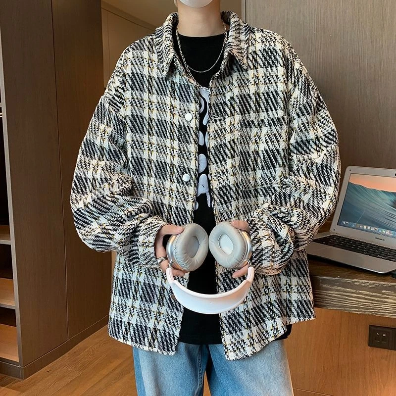 Men's Checkered Woolen Coat Hong Kong Style Artistic Casual Autumn Winter High End Relaxed Fit Shirt Collar Jacket