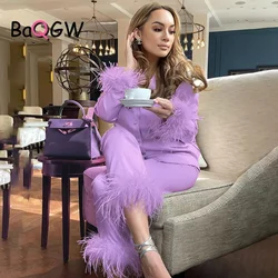 BaQGW Feather Fur V Neck Single Breasted Full Sleeve Blouse Tops and Pants Lounge Suit Women Solid Casual Pajamas Matching Sets