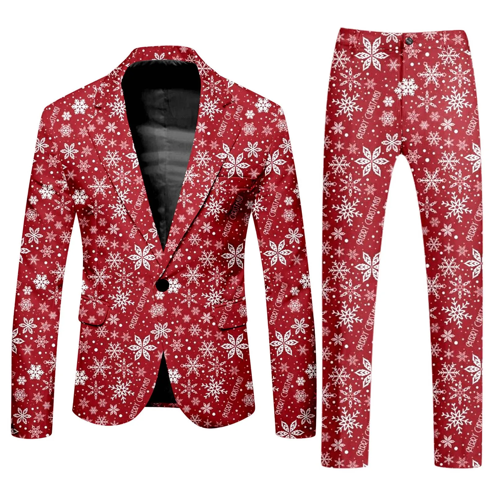 Christmas Snowflake Printed One Button Suit and Trousers Men Casual Slim Trendy Comfortable Business Two Piece Pants Suit