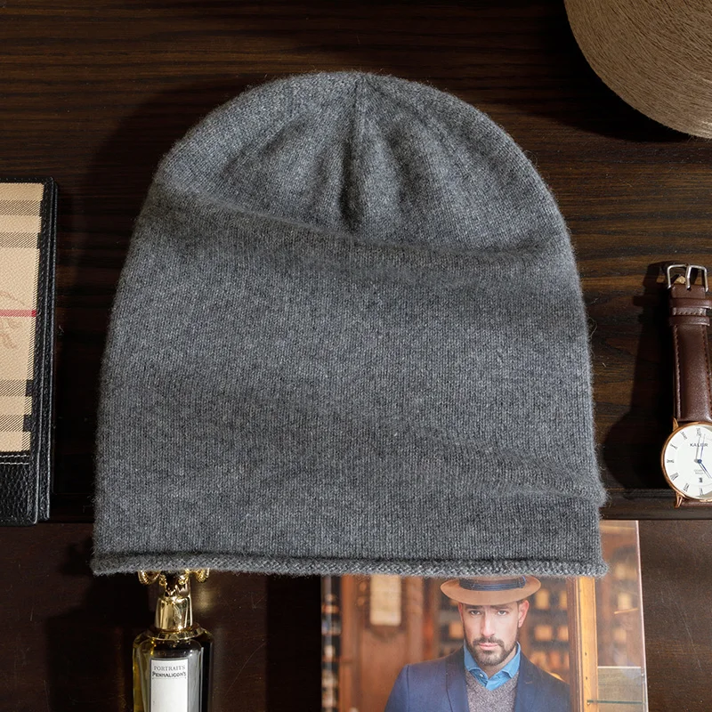 MVLYFLRT 100% Pure Cashmere Hat A-Class Warm Knitted Solid Color Roll-Edge Design for Autumn Winter Suitable for Men And Women