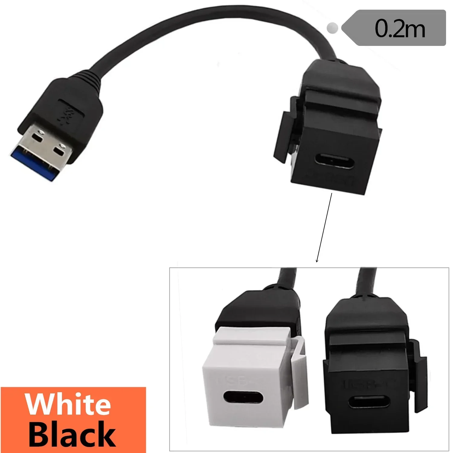 USB 3.0v A male to type-c Female Panel Mount Insert Adapter for Wall Socket Face Plate 0.2m