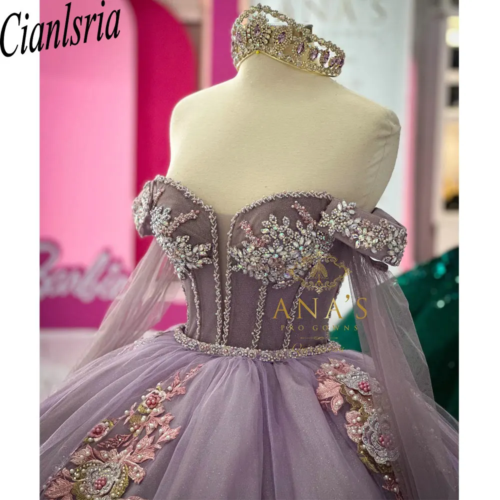 Lilac Pearls Crystal Ball Gown Quinceanera Dresses Off The Shoulder Appliques Lace Corset Sweet 16 Vestido De 15 Anos