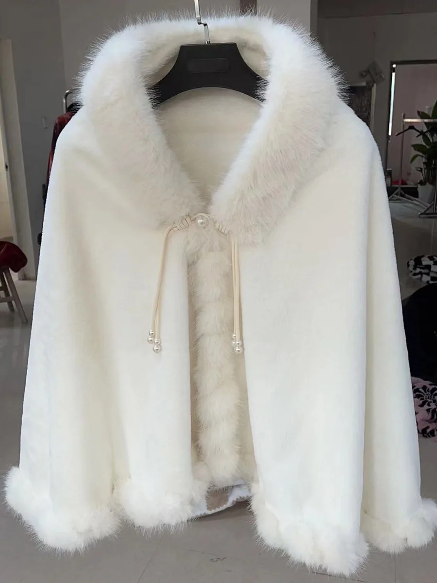 Elegant Princess Full Trim Handwork Faux Fur Cape Outerwear Women Winter Comfort Plush Cloak Wraps Wedding Shawl Coat Thicken