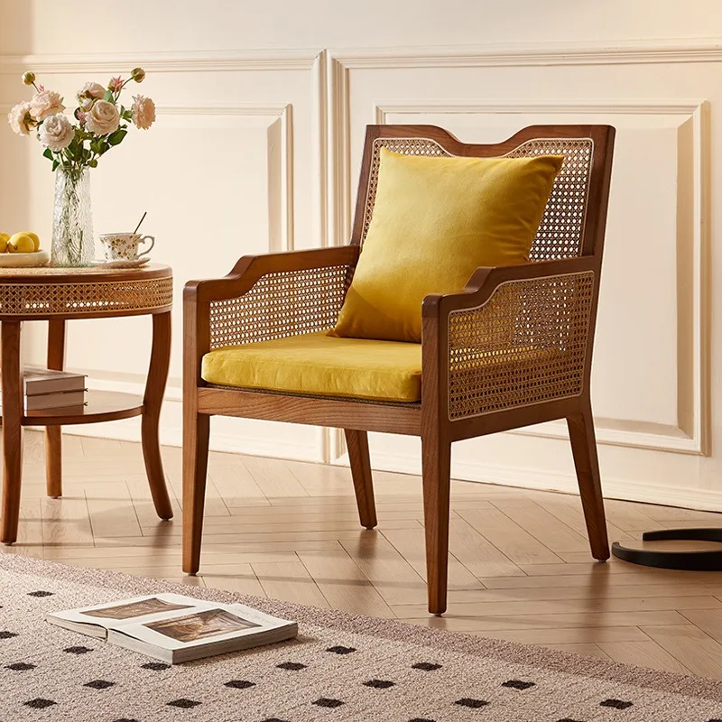 New Chinese solid wood sofa chair designer living room retro rattan leisure single recliner hotel bed and breakfast back chair