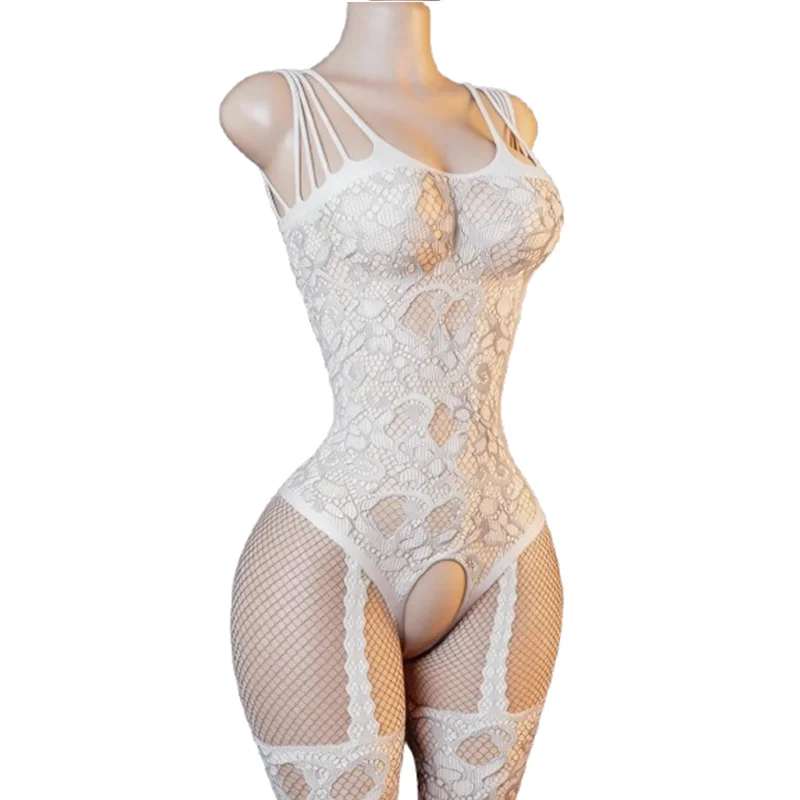 1-Piece Sheer White Lace Bodysuit – Featuring floral print and cut-out details; stretchy bodysuit; elegant and sexy lingerie.