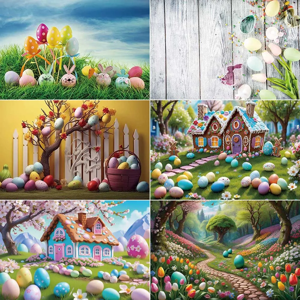 MOON.QG Easter Decoration Backdrop Photography Rainbow Tulip Colorful Eggs Photocall Background Children Studio Photozone Props