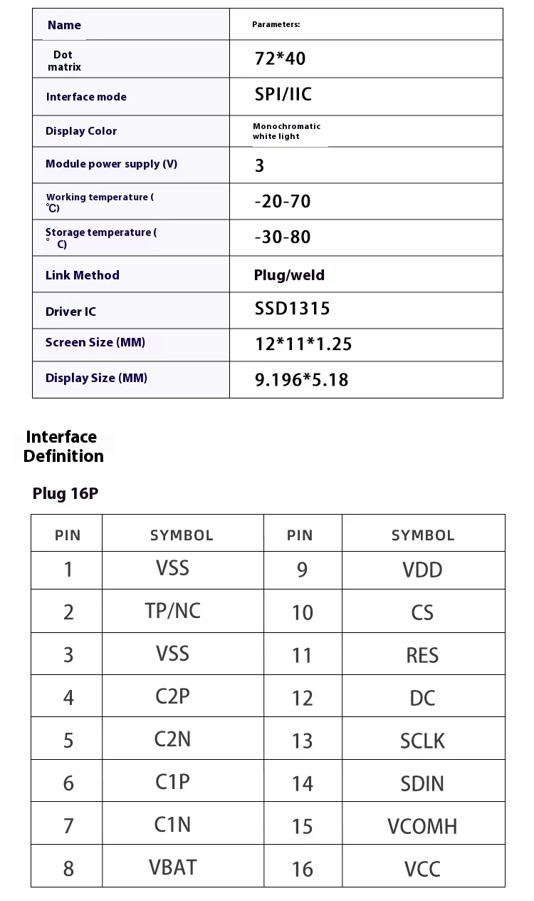 Modulo display OLED da 0,42" 72x40 SSD1315 - Schermo grezzo con interfaccia SPI/I2C a 4 pin per sistemi incorporati