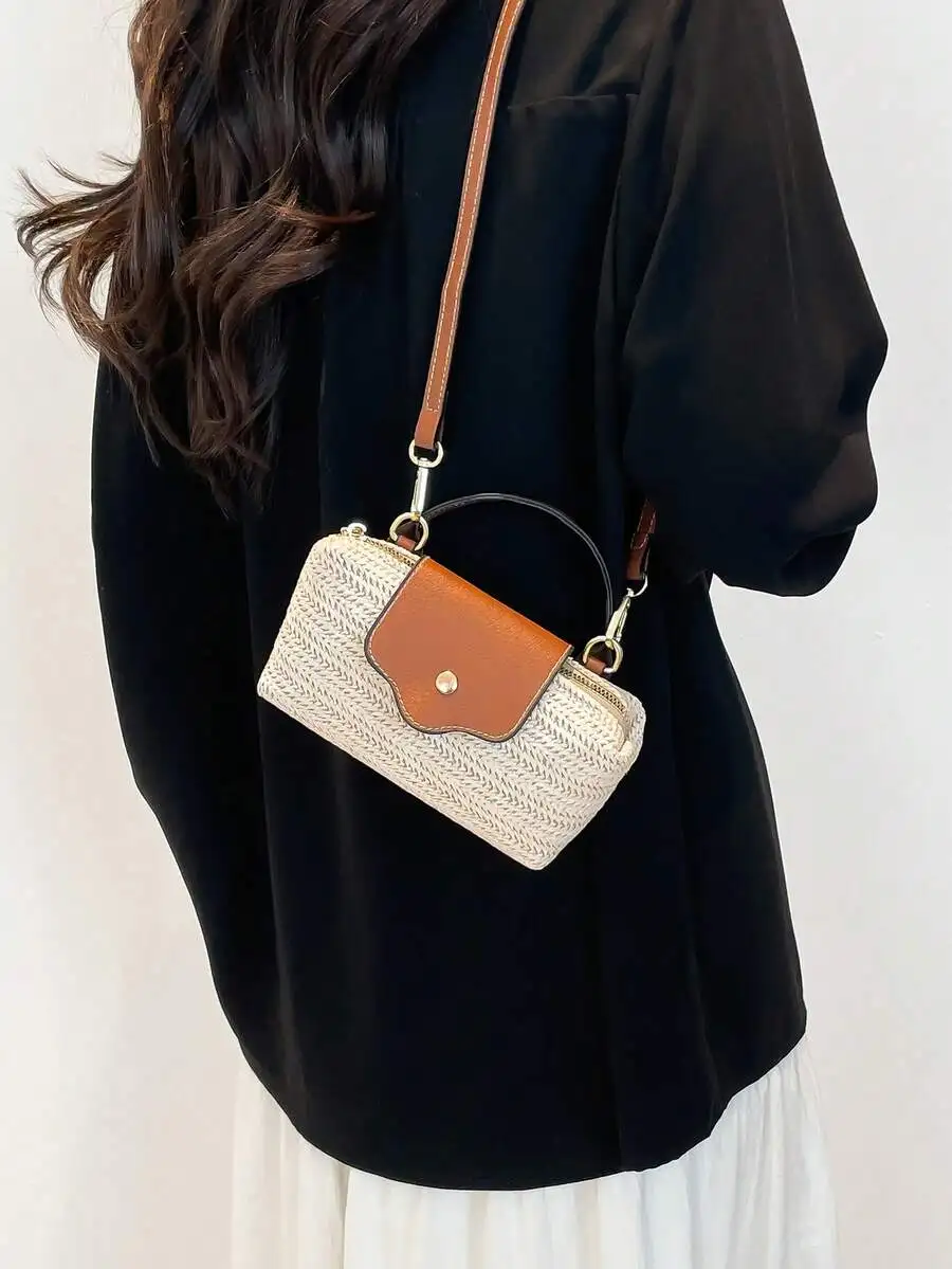 

Mini Woven Straw Bag With Flap And Adjustable Strap For Women