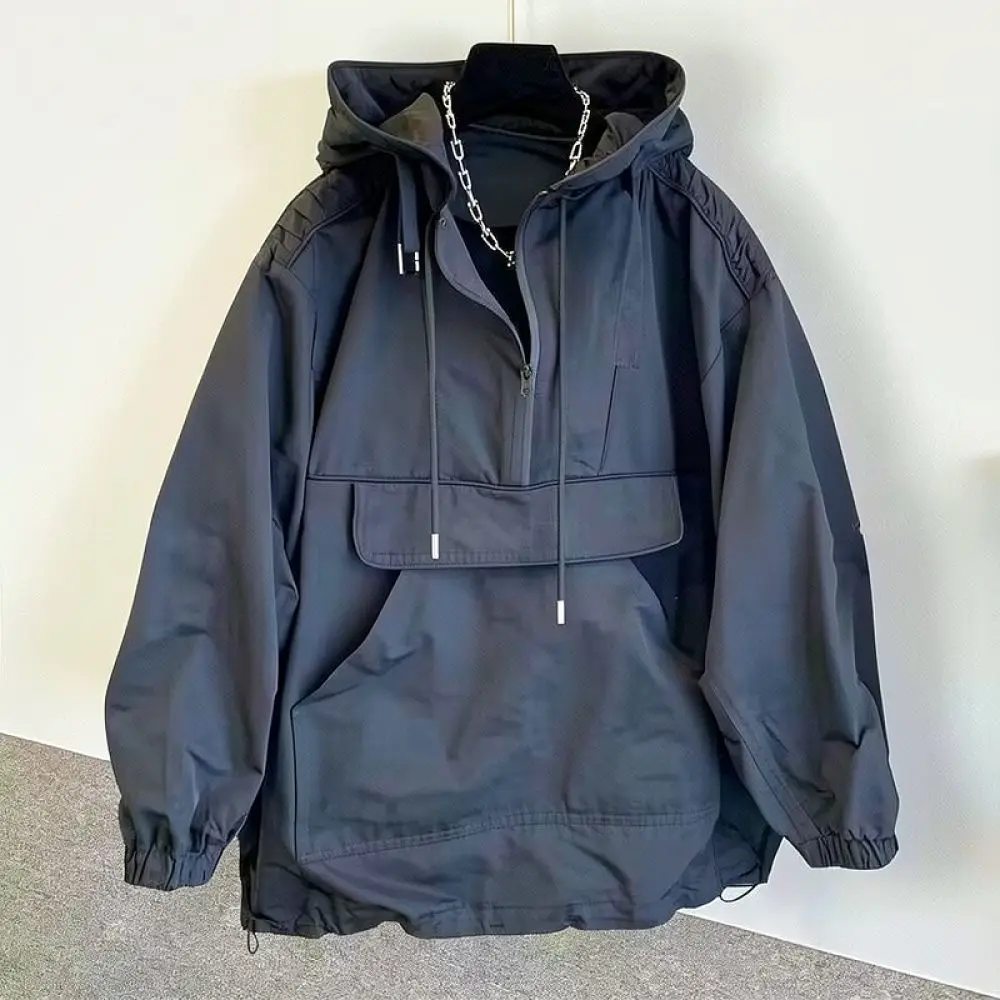 Mens Loose Fit Windbreaker Jacket Hooded Half Zip Cargo Coat Fashion Casual American Style Autumn Sporty Outerwear