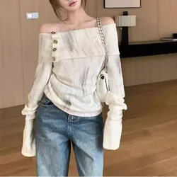 Elegant Slash Neck Spliced Knitted Shirt Female Clothing Halo Dyeing Chic Button Spring Autumn Vintage Sexy Long Sleeve Blouse