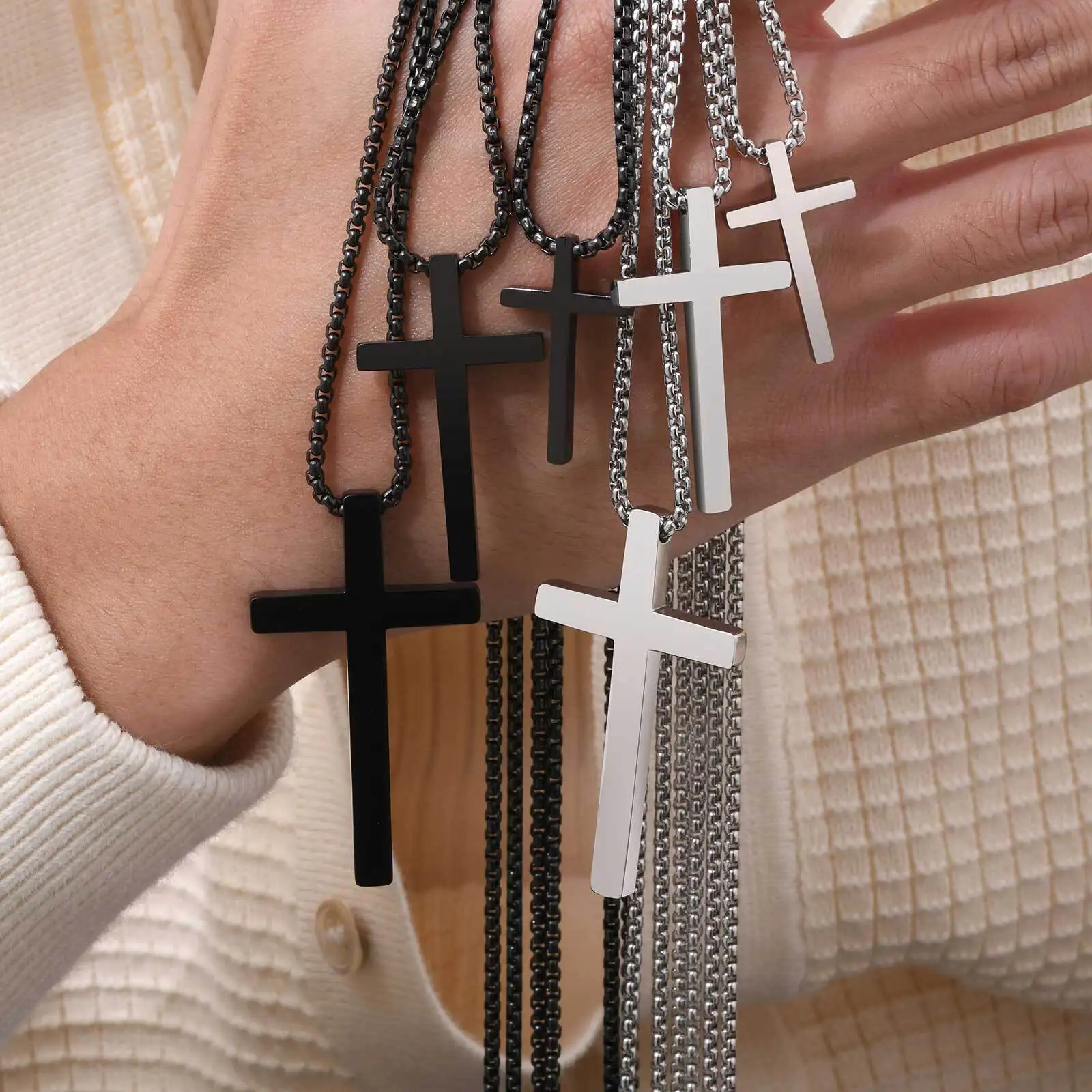 Vnox 45/50/60/70cm Length Box Chain Cross Pendant Necklaces for Men, Plain Black Silver Color Stainless Steel Cross Necklace - Image 3