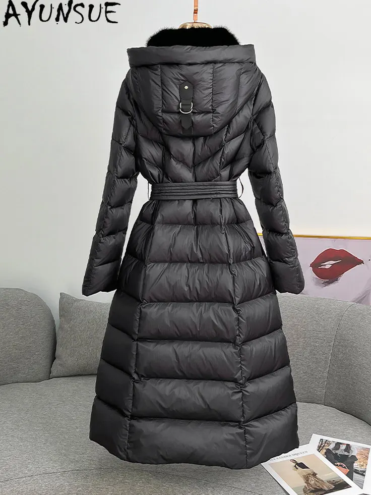 AYUNSUE 90% White Goose Down Coat Women Winter Parka Warm Mink Fur Collar Fashion Womens Coats Belt Long 111cm Abrigos Mujer