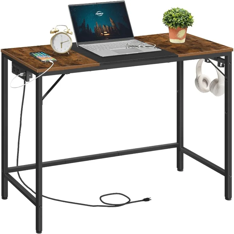 Computer Desk, Home Office Desk with Power Outlet, with 3 Hooks for Study Room, Easy to Assemble, Rustic Brown and Black