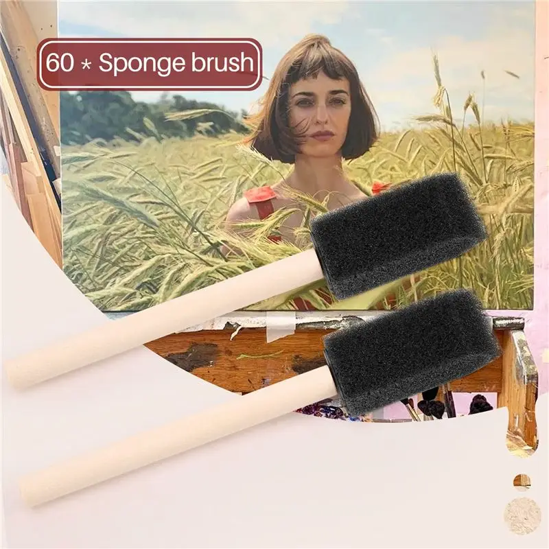 QWE-60Pcs Small Foam Paint Brush Sponge Foam Brush Painting Set Wood Handle 1 Inch Paint Brushes Tools Painting Set For Kids