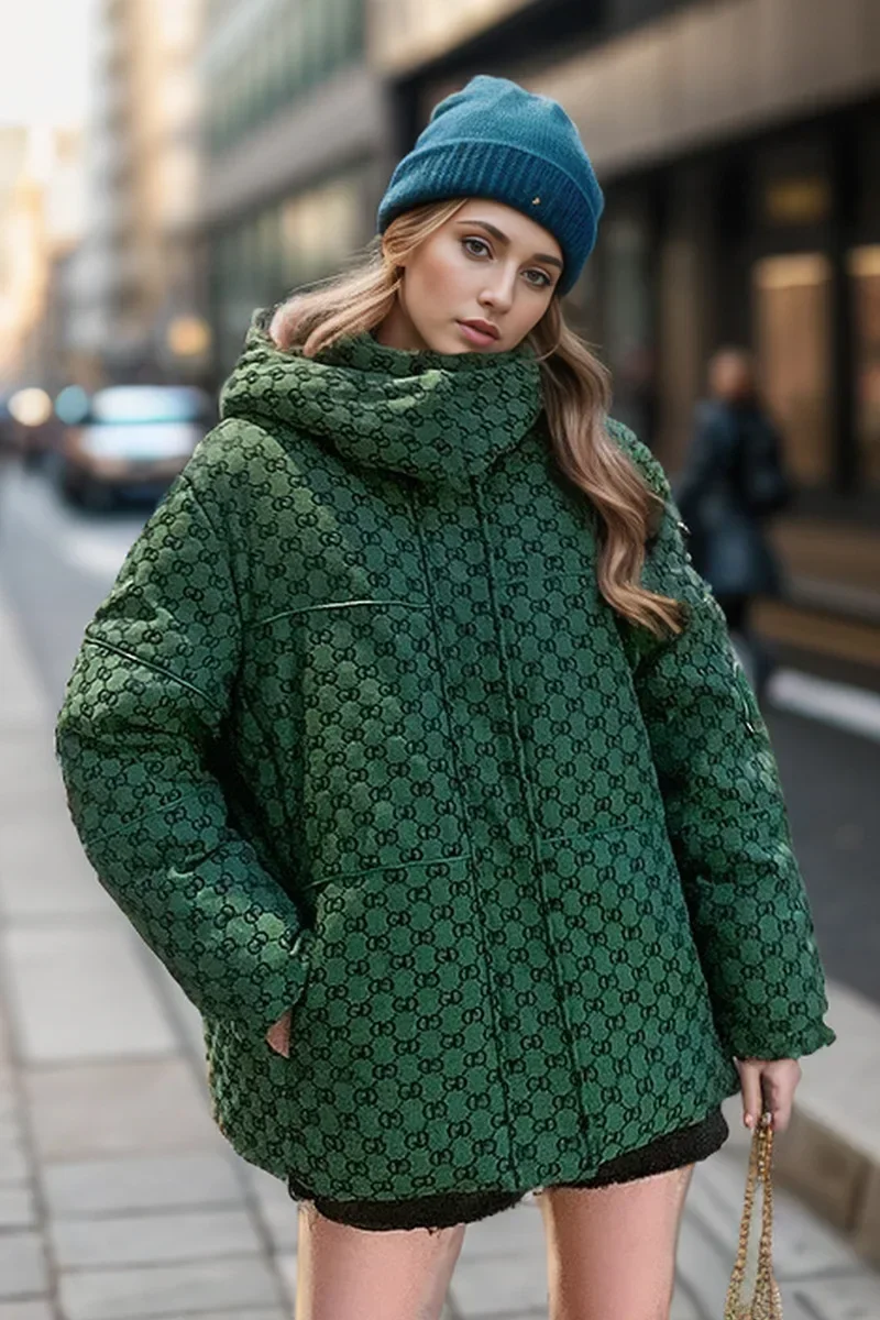 2024 New Hooded Print Green Jacket Winter Female Zippers Parkas Mujer Casual Puffer Winter Down Cotton Coats Women Chic Elegant