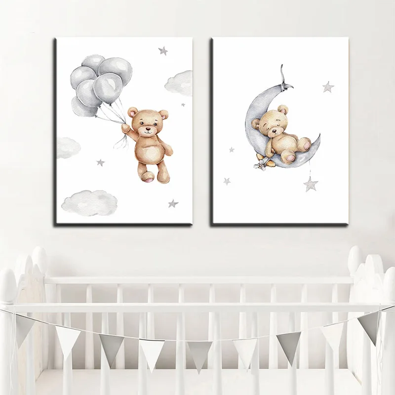 Wall Art Canvas Bear Moon Balloon Animal Poster Painting Nursery Child Picture Print Cartoon Nordic Kid Baby Bedroom Home Decor