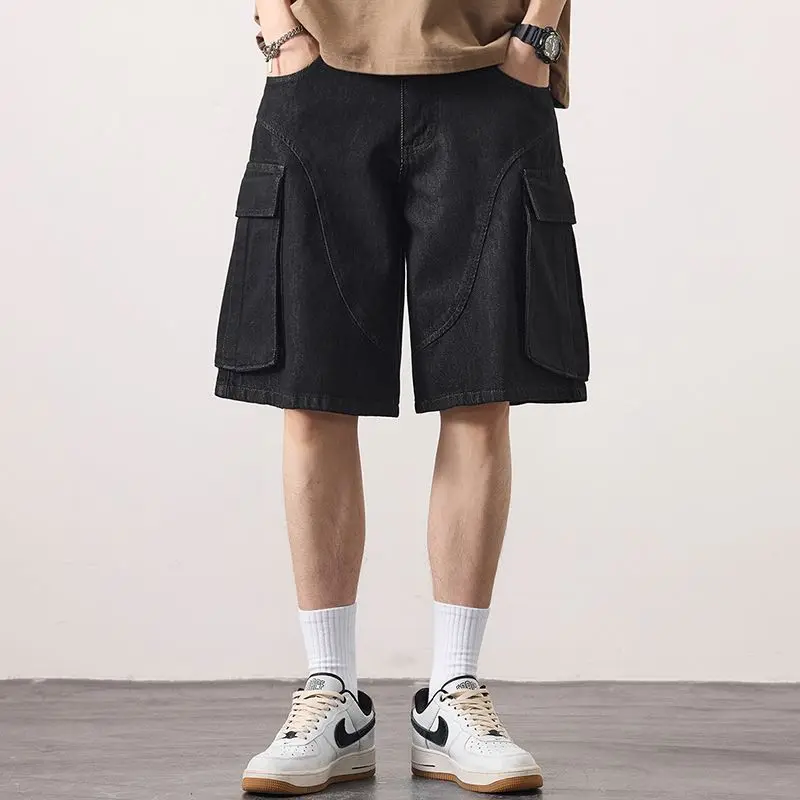 KSTUN 2025 힙합 데님 반바지 남성 와이드 레그 여름 반바지 루즈핏 디스트레스드 스트릿웨어 큰 포켓 리오셀 남성 의류
