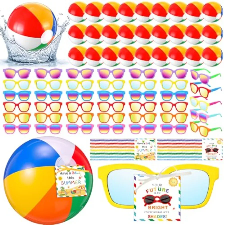 202 Pcs Sunglass Beach Balls Party Favor End of the School Year Gift Inflatable Beach Balls Bulk Neon Sunglasses with Tags and
