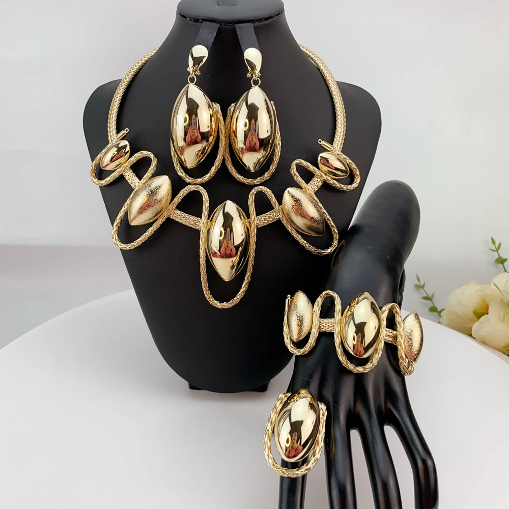 New Fashion Trendy Women Jewelry Set Brazilian Gold-Plated African Wedding Bridal Big Flower Pendant Necklace Gifts FHK24884