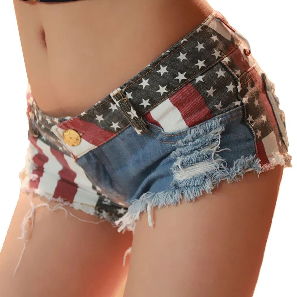 

Women Shorts Jeans Summer Mini Shorts Sexy USA Flag Print Hole Destroyed Booty Denim Short Feminino Mujer Plus Size Shorts