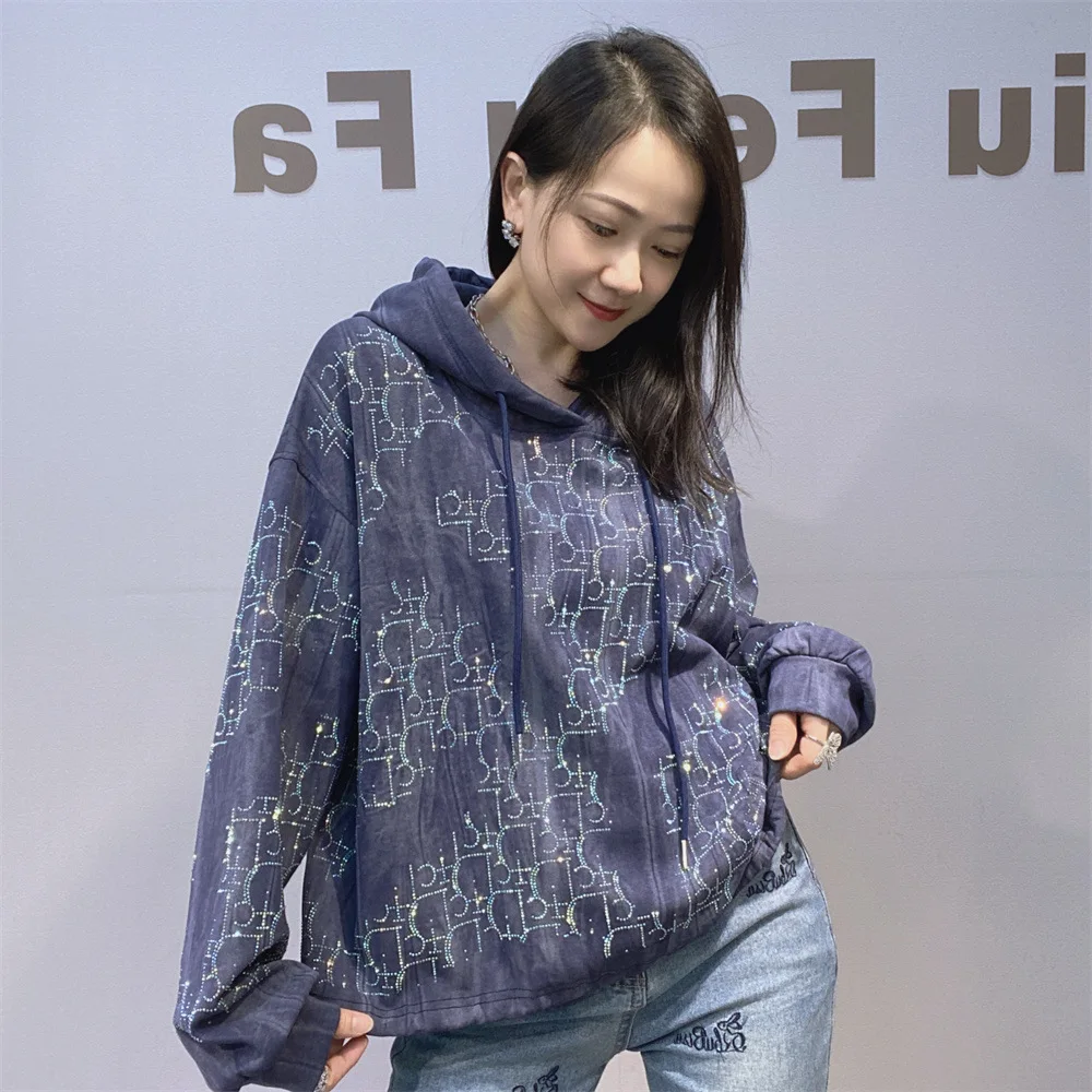 Otoño Invierno de manga larga para mujer suéteres con capucha moda patrón de letras diamantes sudaderas sueltas jerseys ropa de mujer