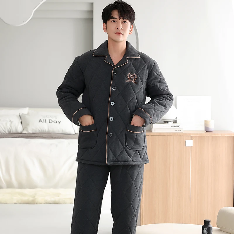 Big Size M-4XL Winter Solid Pajamas Men Thick Quilted Pajama Sets Knit Cotton Sleepwear Men's Clothing Pijama Hombre