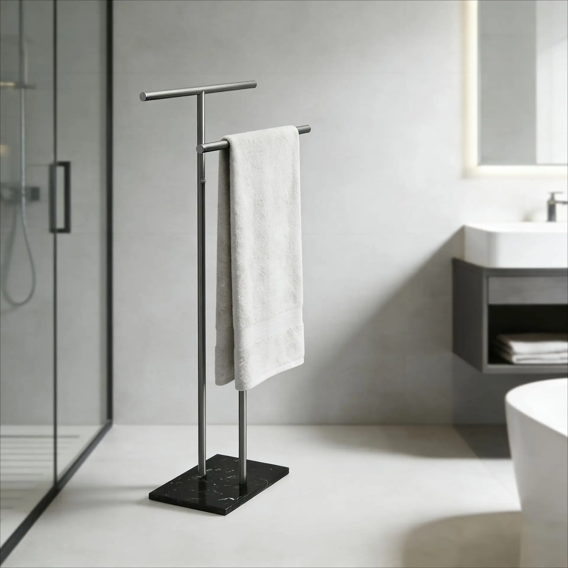 

Stainless steel bathroom vertical towel bar bath towel rack movable marble floor towel rack two-way pole