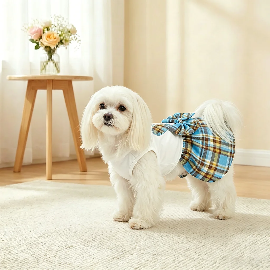 Vestido chaleco para perro blanco cuadros azules con lazo y corazones - imagen 2