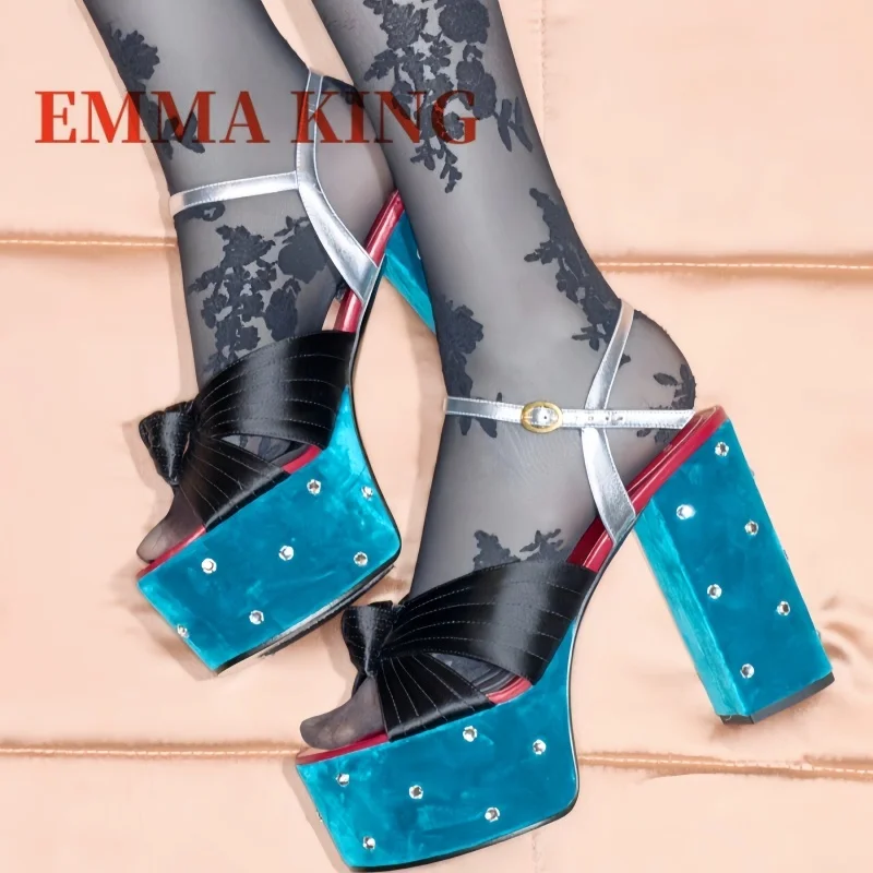 Women's Platform Block Heel Sandals, Open Toe Ankle Strap High Heels with Bow & Pearl Crystal,Colorblock Party Dress Pumps,35-43
