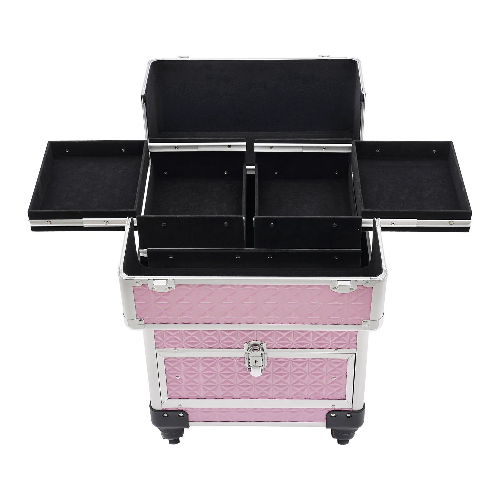 Pink Makeup Luggage Suitcase on Wheels Large Rolling Trolley Makeup Case with Telescopic Handle for Professional Makeup Artist