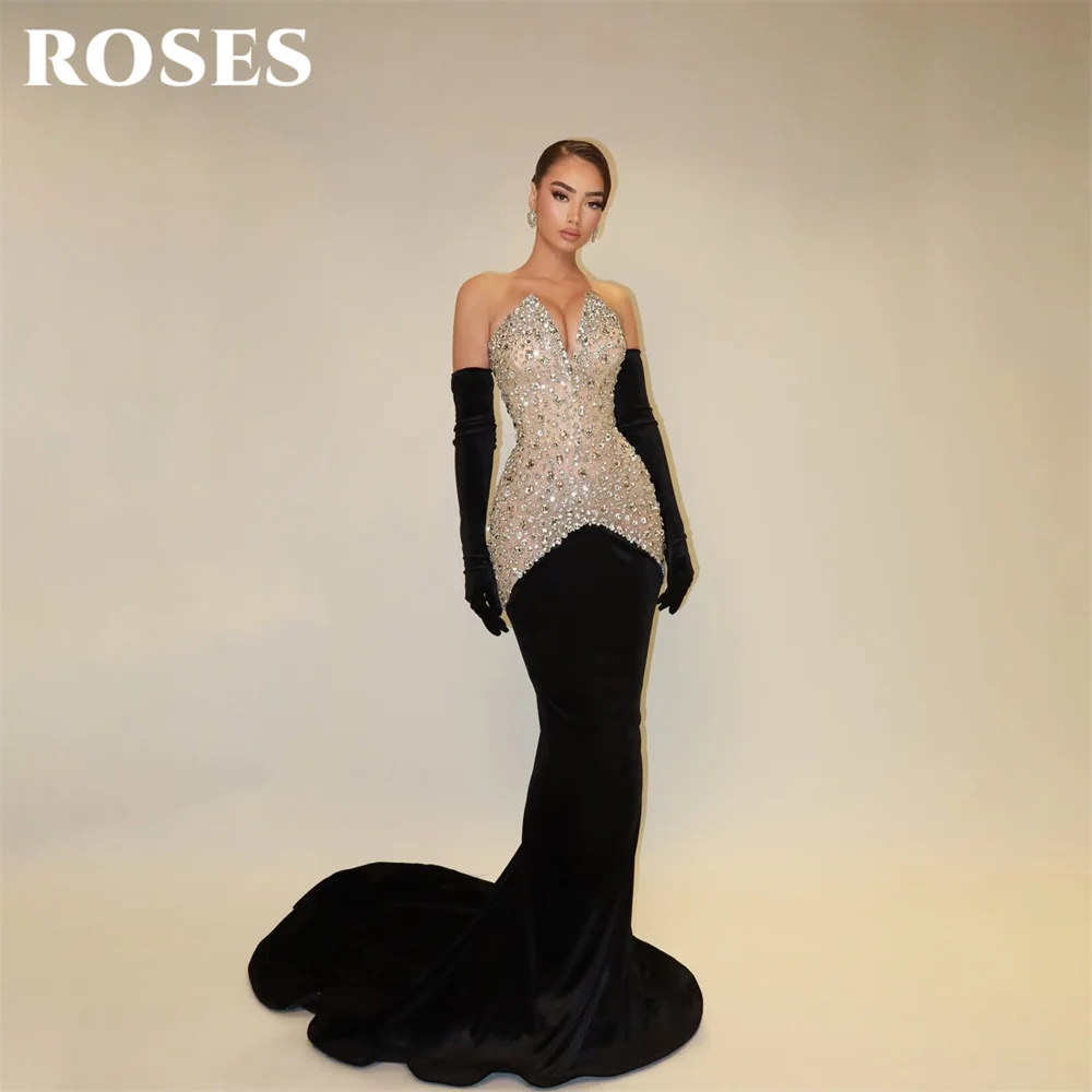 ROSES Black Prom Dress Deep V Neck Crystal Celebrity Dress Patchwork Velvet Women's Evening Dress Mermaid Formal Gown Customized