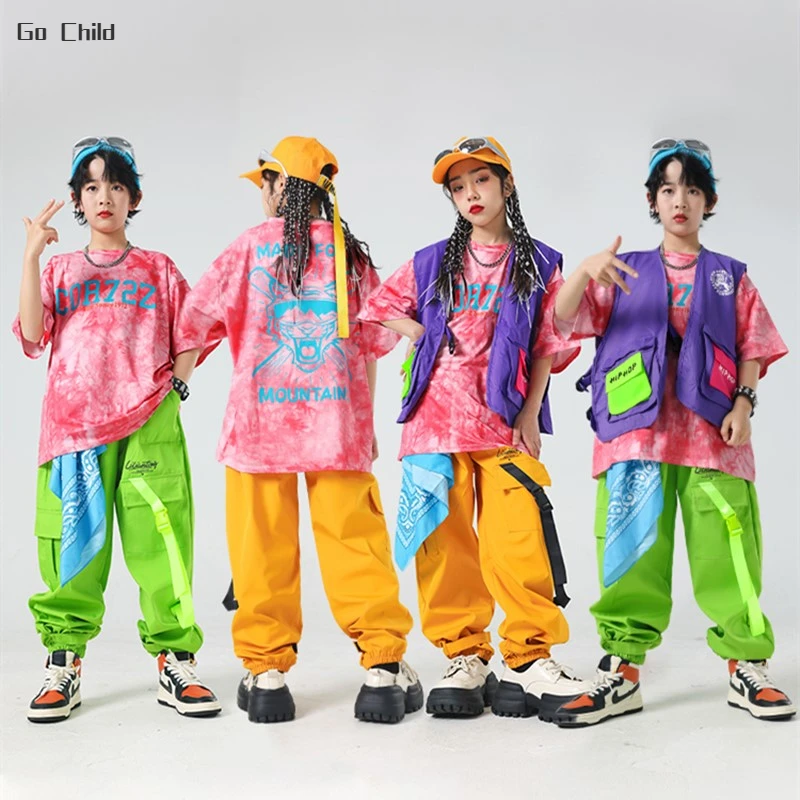 

Boys Hip Hop Tie-dyed T-shirt Vest Street Dance Cargo Pants Girls Colorful Tee Clothes Sets Kids Streetwear Child Jazz Costumes