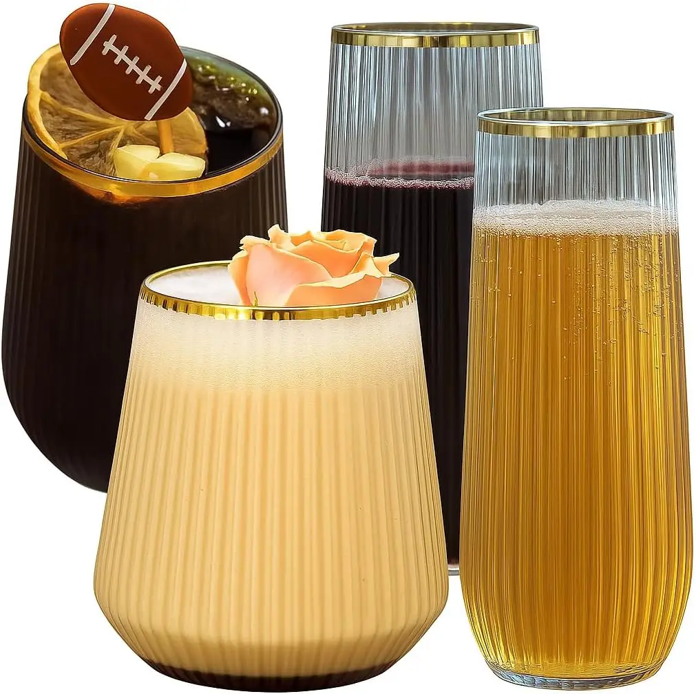 

48 Pack Ribbed Origami Ripple Plastic Glasses, 24 9 Ounce Stemless Champagne Flutes & 24 12 Ounce Cups, BPA-Free Disposable Shat