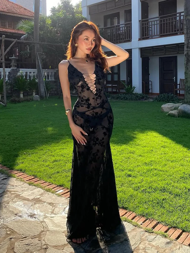 Nibber Durchsichtiges Kleid für Damen, beflockt, gerafft, sexy, tiefer V-Ausschnitt, rückenfrei, ärmellos, Strandurlaub, Party, Clubwear, Vestidos