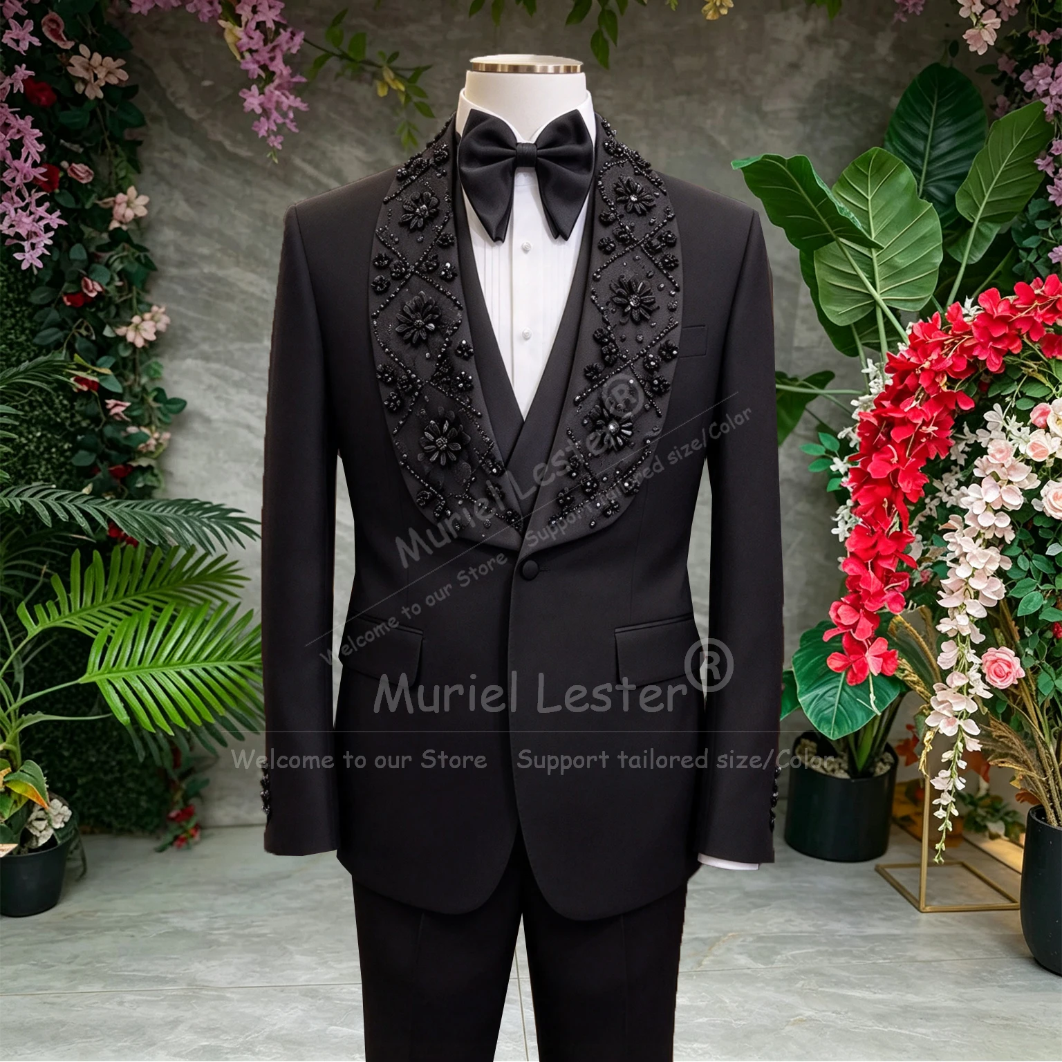 Modern Men's Suit Set Beaded Stones Lapel Jacket Vest Pants 3 Piece Sets Groom Wedding Tuxedo Customized Male Fashion Party Coat