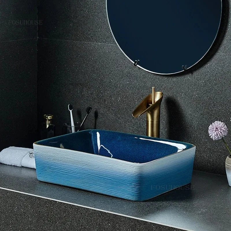 

Ceramic Bathroom Sinks Creative Blue Above Counter Basin Chinese