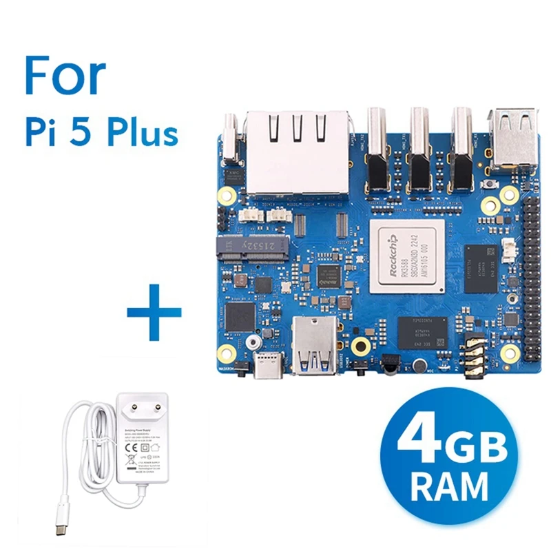 For Orange Pi 5 Plus Development Board Set 4GB RK3588 64Bit 2.5G M.2 Slot Support 2230 Wi-Fi 6 BT Module Set EU Plug